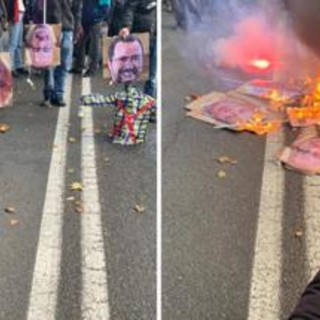 Torino, a corteo pro Palestina bruciate foto di Meloni, Salvini, Crosetto e dell'ad di Leonardo